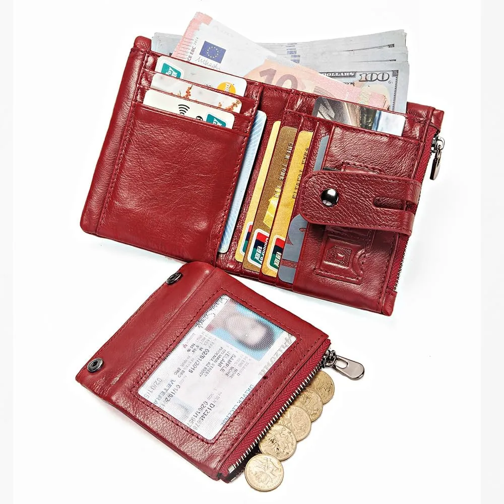 Anti-Theft Mens Wallet with Chain Genuine Leather ID Window Purse with RFID Blocking Bifold Double Zipper Coin Pocket