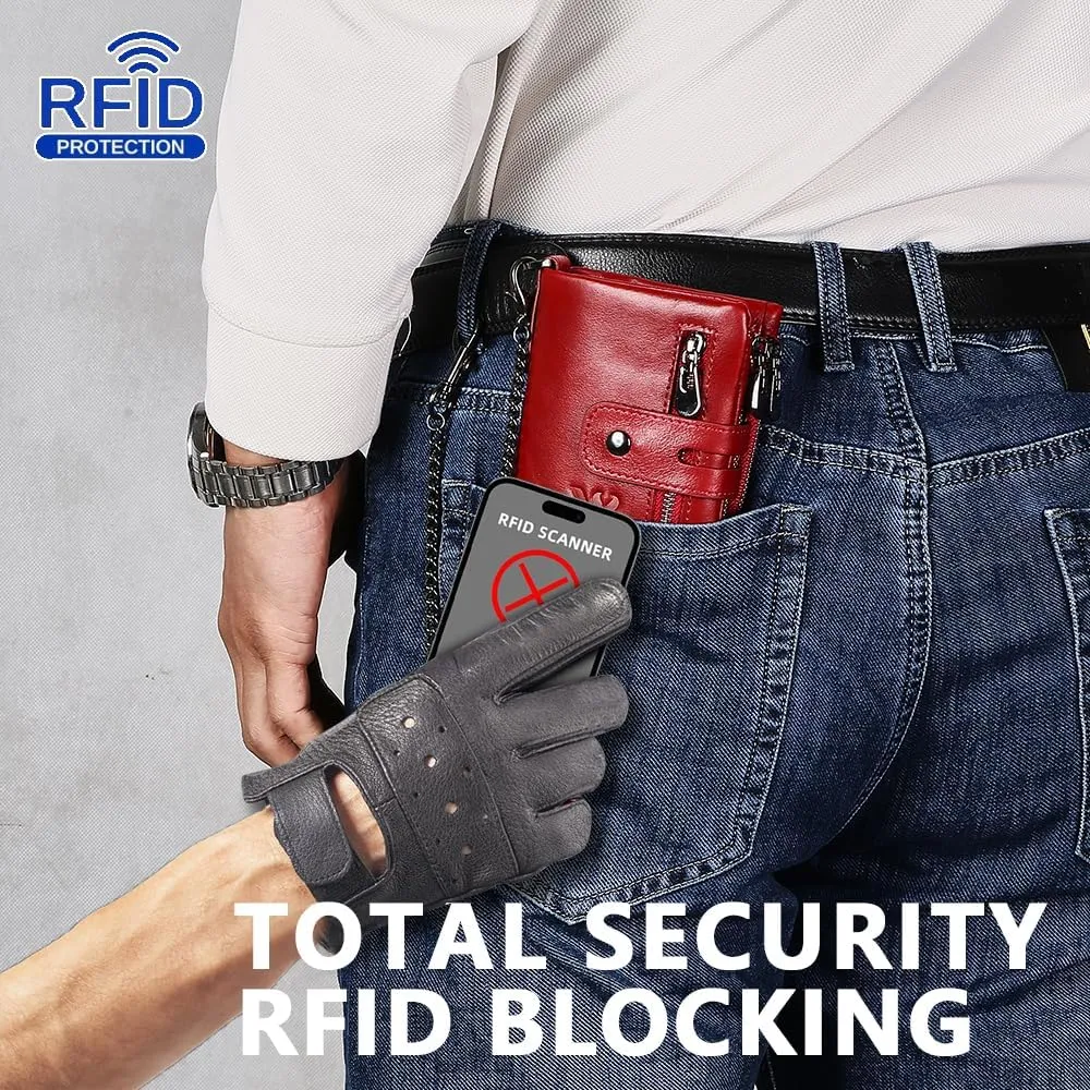 Anti-Theft Mens Wallet with Chain Genuine Leather ID Window Purse with RFID Blocking Bifold Double Zipper Coin Pocket