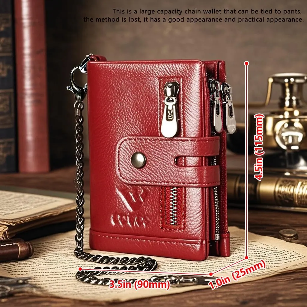 Anti-Theft Mens Wallet with Chain Genuine Leather ID Window Purse with RFID Blocking Bifold Double Zipper Coin Pocket