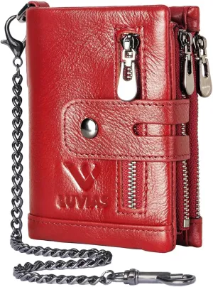 Anti-Theft Mens Wallet with Chain Genuine Leather ID Window Purse with RFID Blocking Bifold Double Zipper Coin Pocket