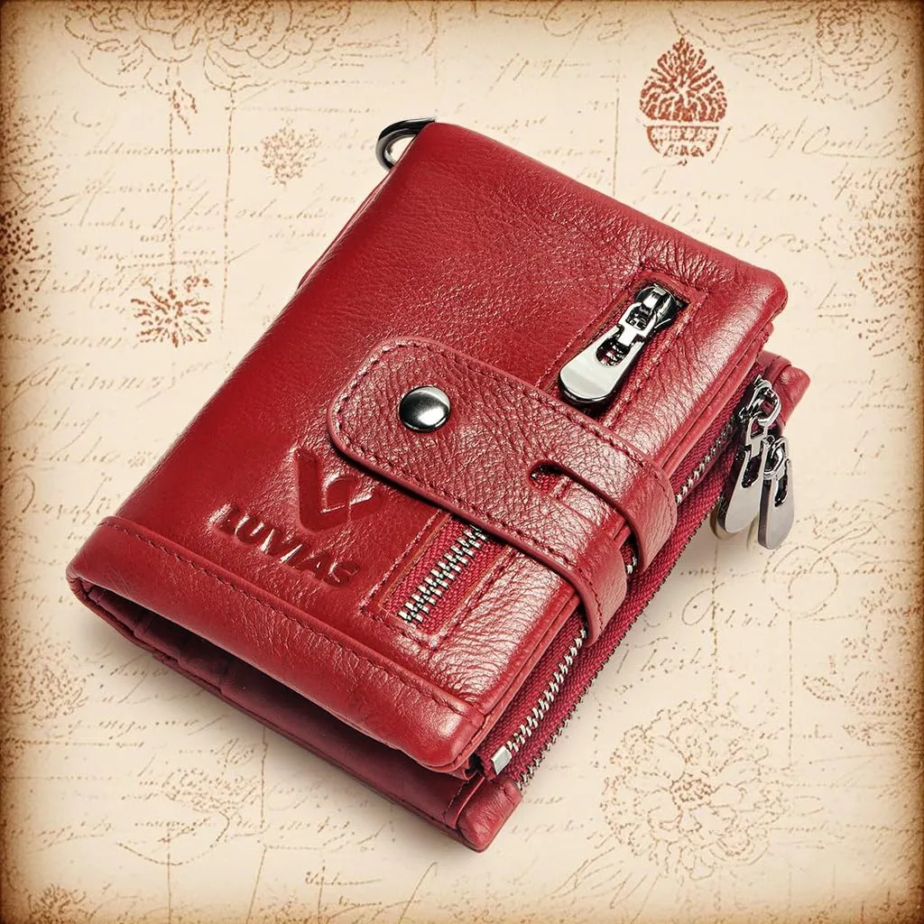 Anti-Theft Mens Wallet with Chain Genuine Leather ID Window Purse with RFID Blocking Bifold Double Zipper Coin Pocket