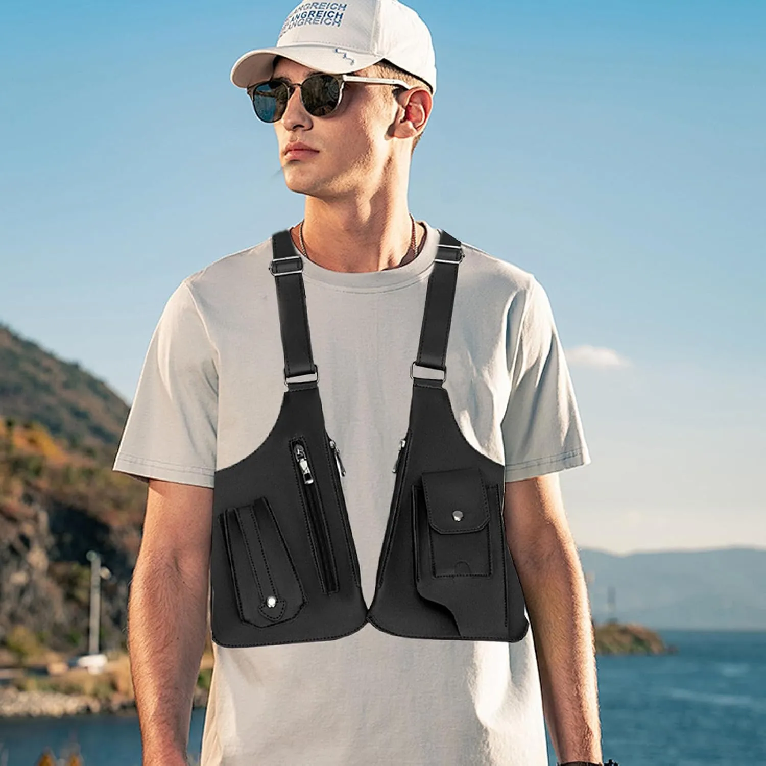 anti theft multi pocket bag for men,Adjustable Leather Shoulder Bag For Men | PU double shoulder armpit bag, double shoulder