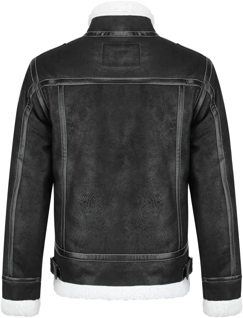 AOWOFS Men's Faux Leather Jacket Brown Motorcycle Bomber Shearling Suede Stand Collar