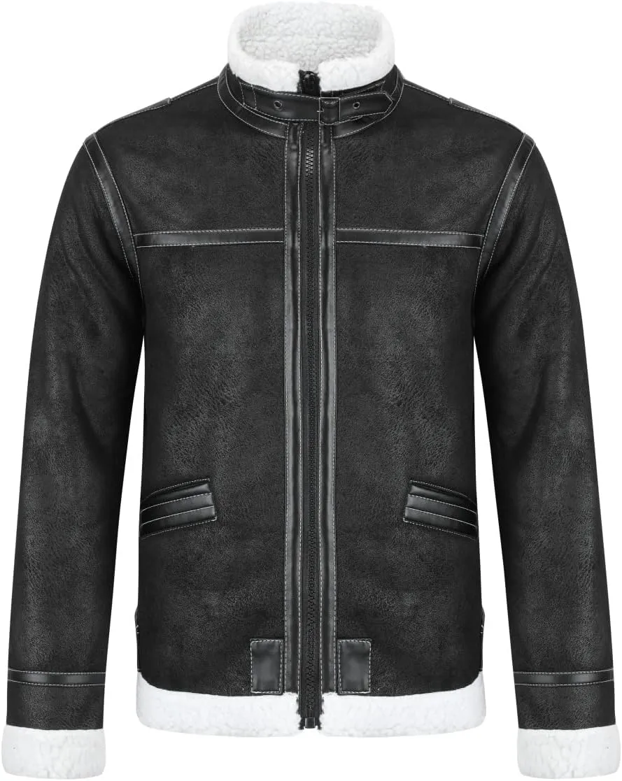 AOWOFS Men's Faux Leather Jacket Brown Motorcycle Bomber Shearling Suede Stand Collar