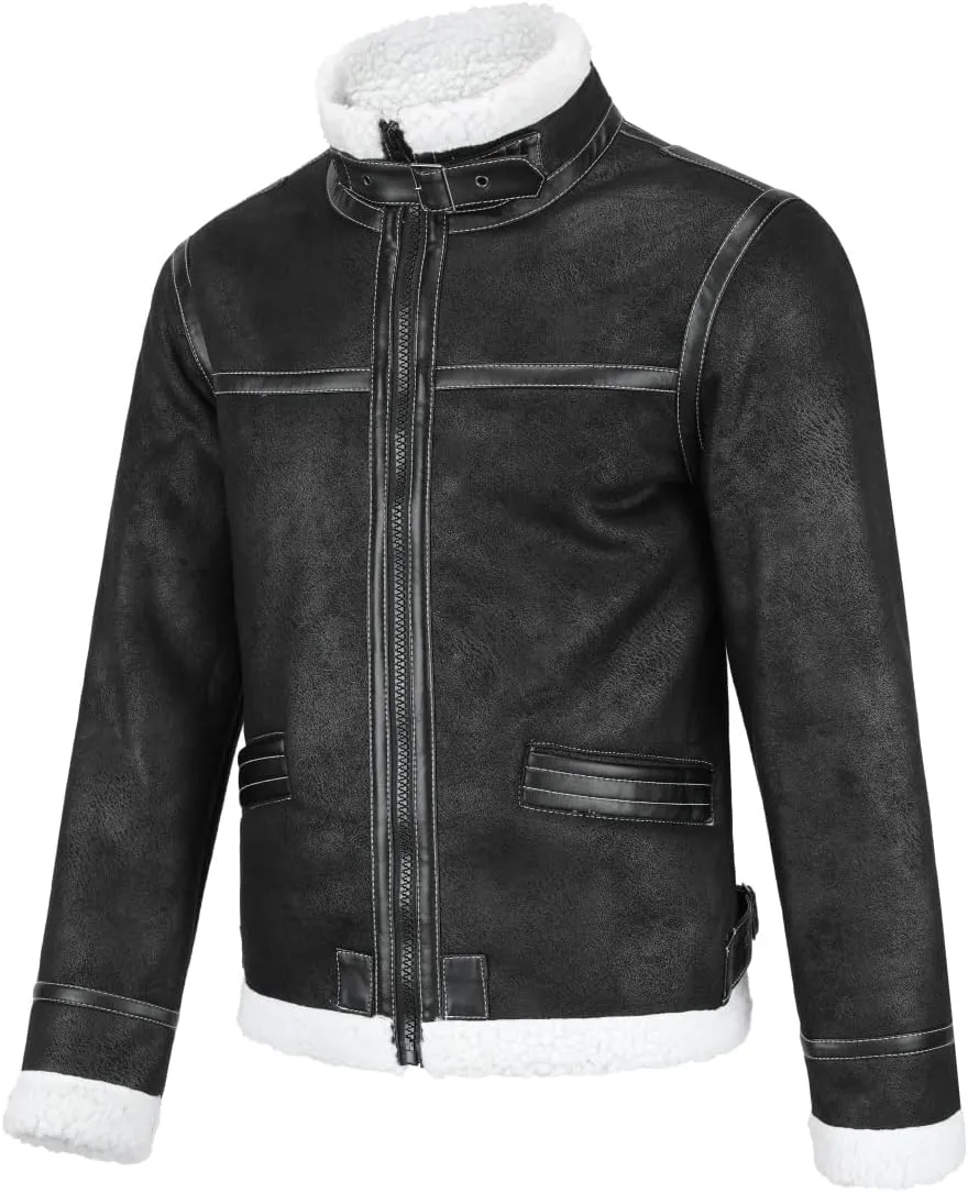 AOWOFS Men's Faux Leather Jacket Brown Motorcycle Bomber Shearling Suede Stand Collar