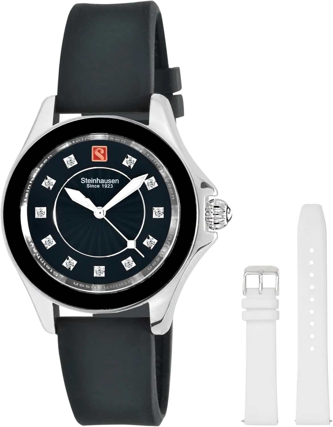 Arbon Collection Black Stainless Steel Women's Watch with Extra White Silicone Interchangable Band