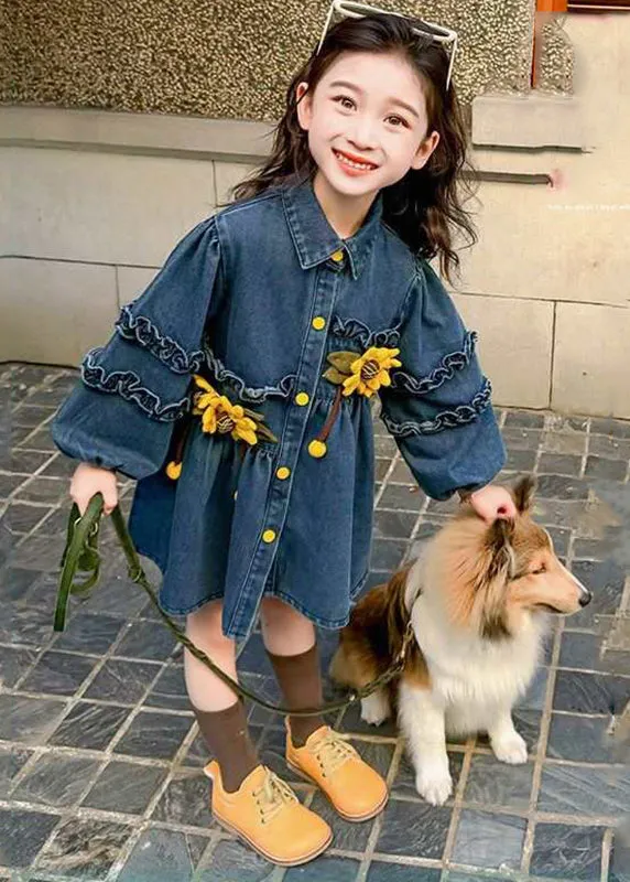 Art Denim Blue Ruffled Patchwork Button Girls Mid Dress Spring TV035
