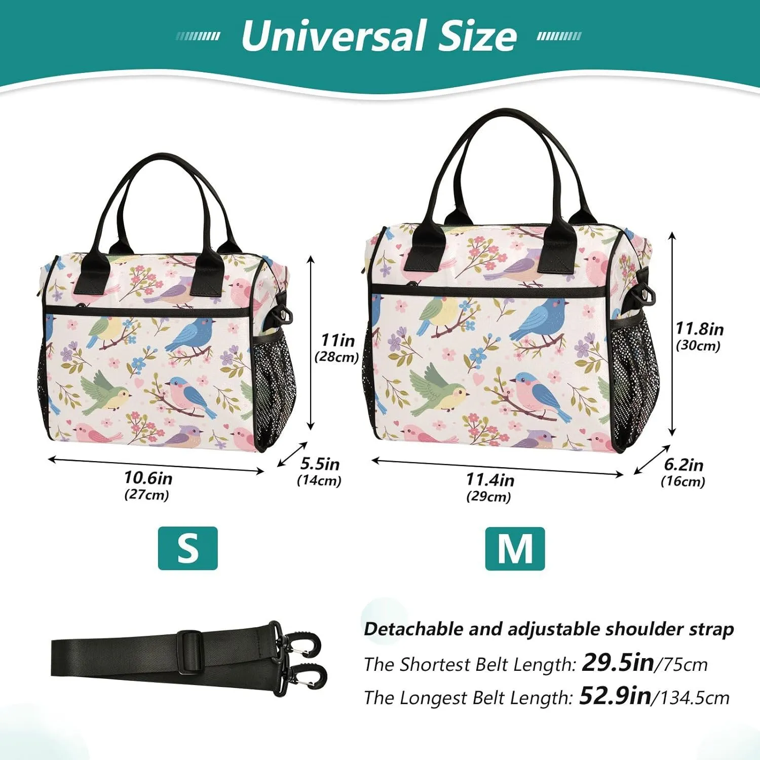 Aslsiy Cute Spring Songbirds Flowers Insulated Lunch Bag Lunch Box for Women Reusable Lunch Tote Bag for Office Picnic M