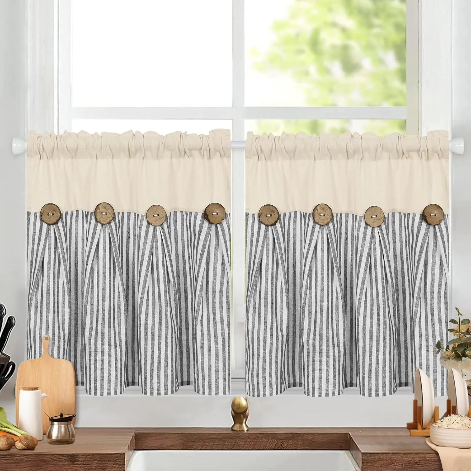 ASPMIZ Cotton Linen Window Treatment Tiers 24 Inch, Boho Rustic Button Kitchen Curtains Farmhouse Style, Grey Stripe Half Window Curtains, Country Short Rod Pocket Curtain for Small Window, 2 Panels