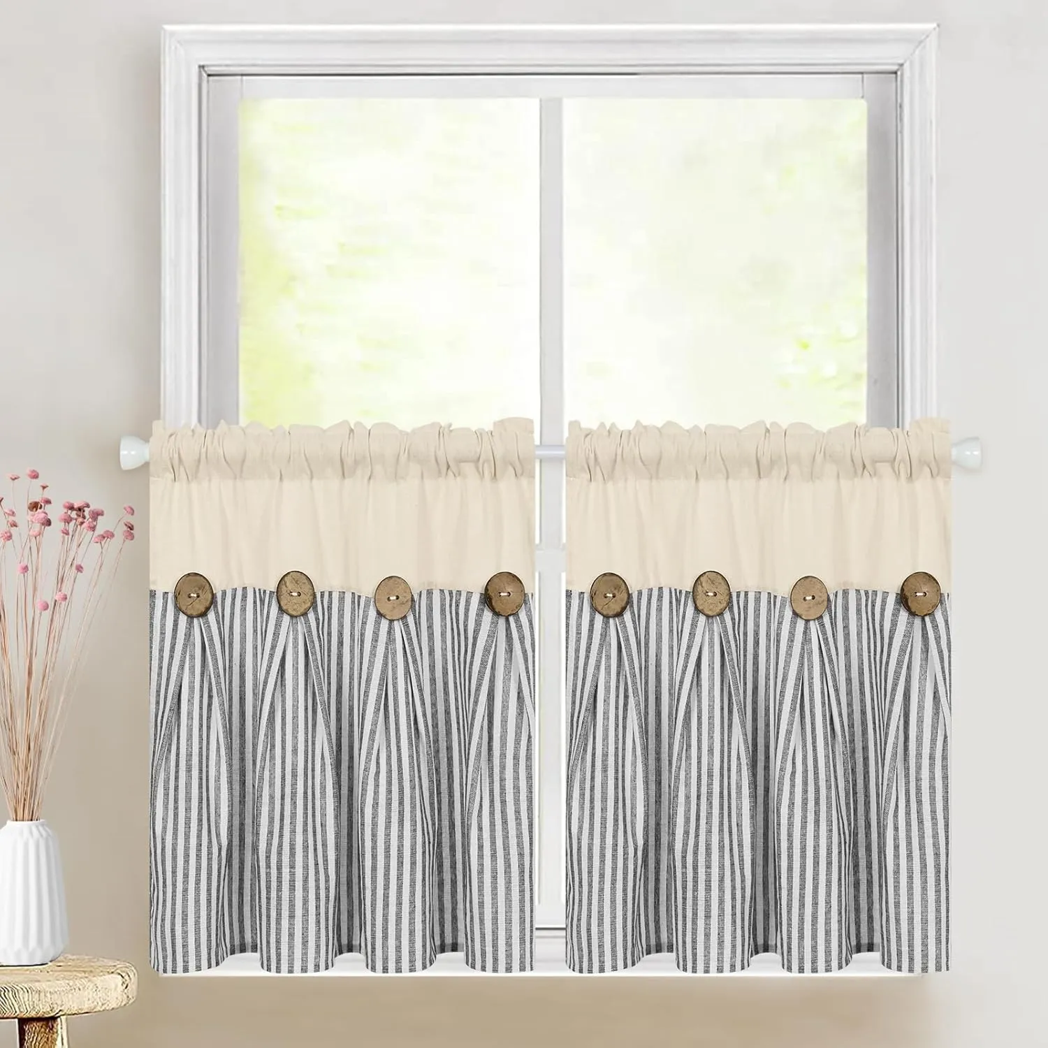 ASPMIZ Cotton Linen Window Treatment Tiers 24 Inch, Boho Rustic Button Kitchen Curtains Farmhouse Style, Grey Stripe Half Window Curtains, Country Short Rod Pocket Curtain for Small Window, 2 Panels