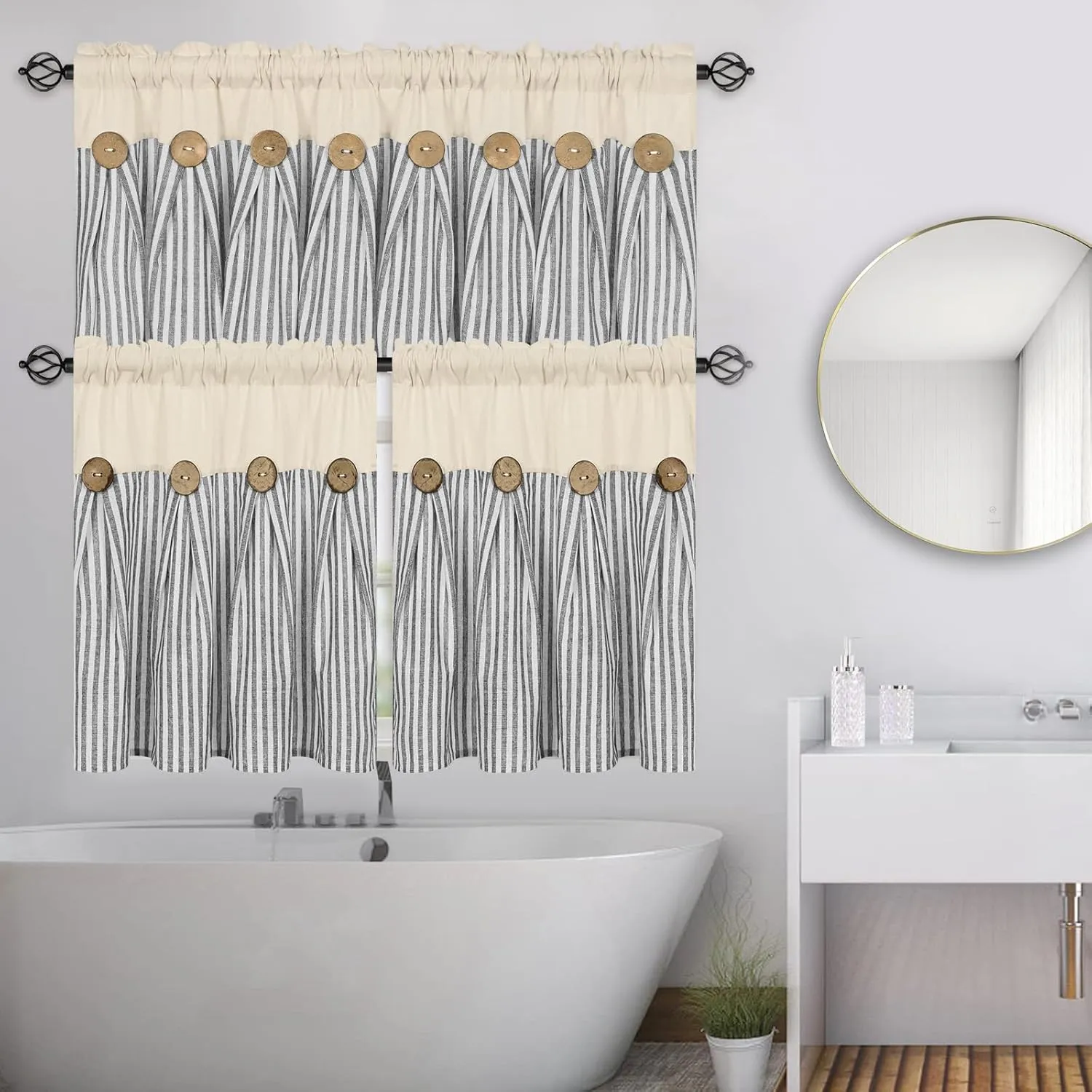 ASPMIZ Cotton Linen Window Treatment Tiers 24 Inch, Boho Rustic Button Kitchen Curtains Farmhouse Style, Grey Stripe Half Window Curtains, Country Short Rod Pocket Curtain for Small Window, 2 Panels