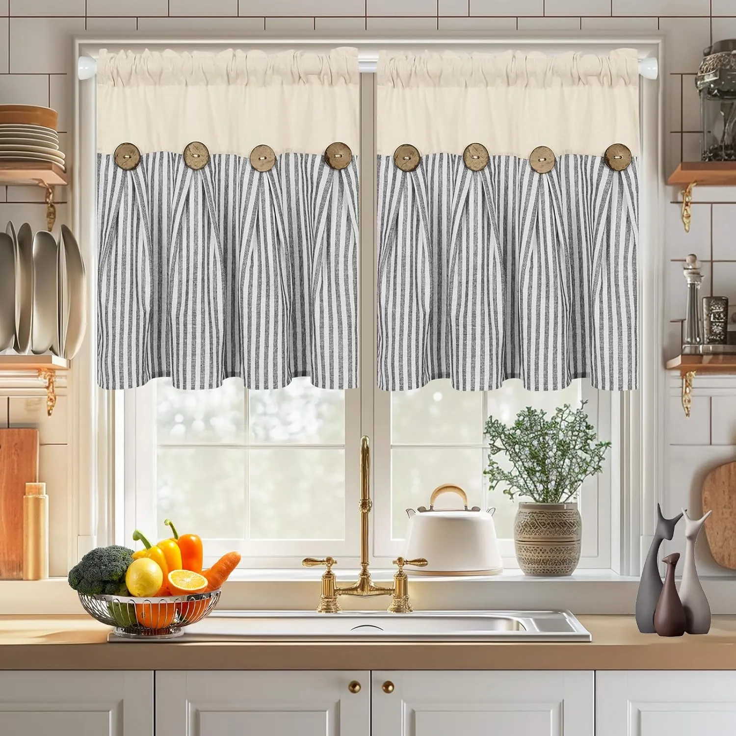 ASPMIZ Cotton Linen Window Treatment Tiers 24 Inch, Boho Rustic Button Kitchen Curtains Farmhouse Style, Grey Stripe Half Window Curtains, Country Short Rod Pocket Curtain for Small Window, 2 Panels