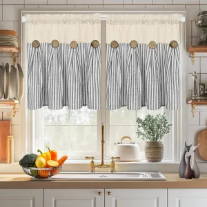 ASPMIZ Cotton Linen Window Treatment Tiers 24 Inch, Boho Rustic Button Kitchen Curtains Farmhouse Style, Grey Stripe Half Window Curtains, Country Short Rod Pocket Curtain for Small Window, 2 Panels