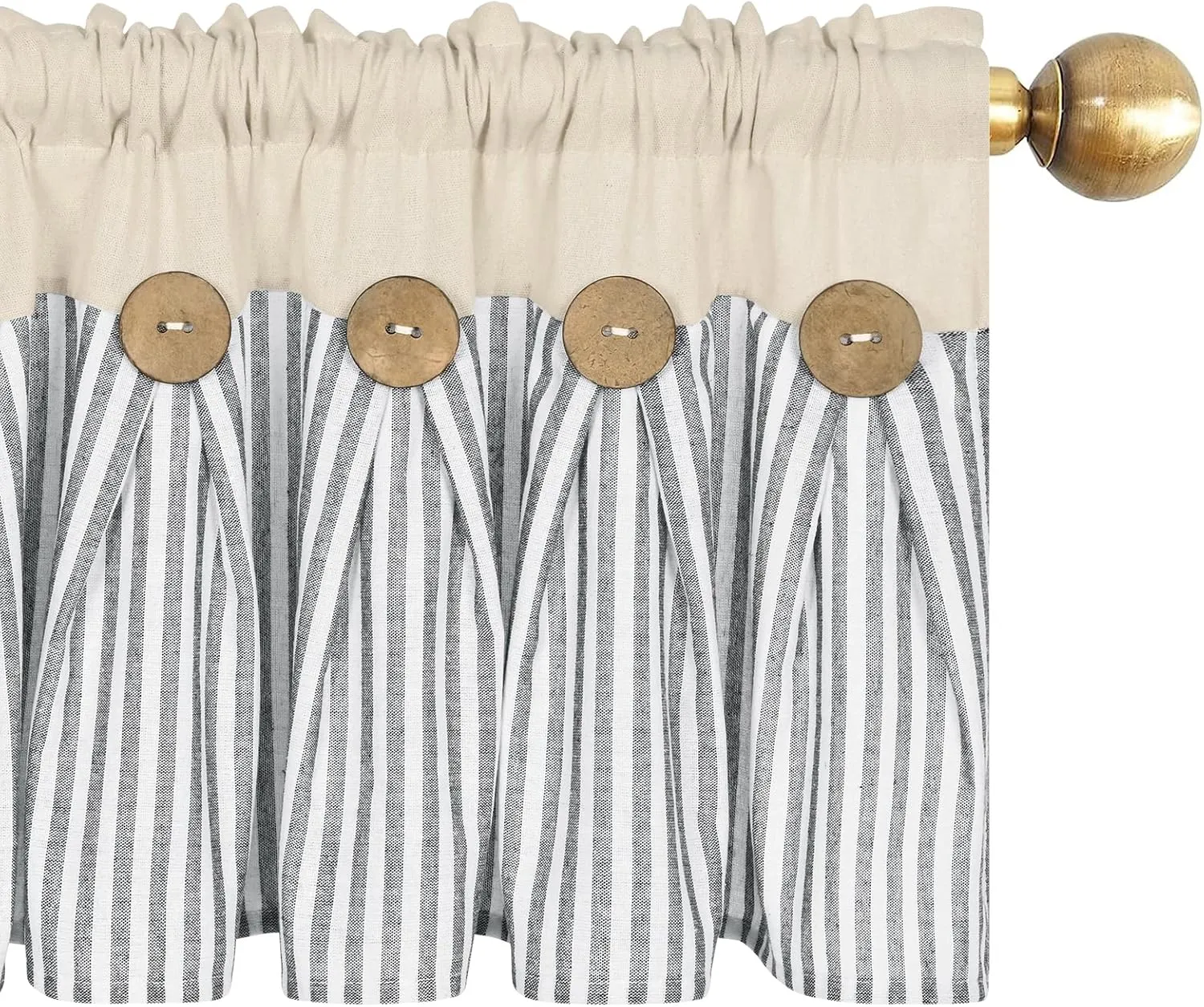 ASPMIZ Cotton Linen Window Treatment Tiers 24 Inch, Boho Rustic Button Kitchen Curtains Farmhouse Style, Grey Stripe Half Window Curtains, Country Short Rod Pocket Curtain for Small Window, 2 Panels