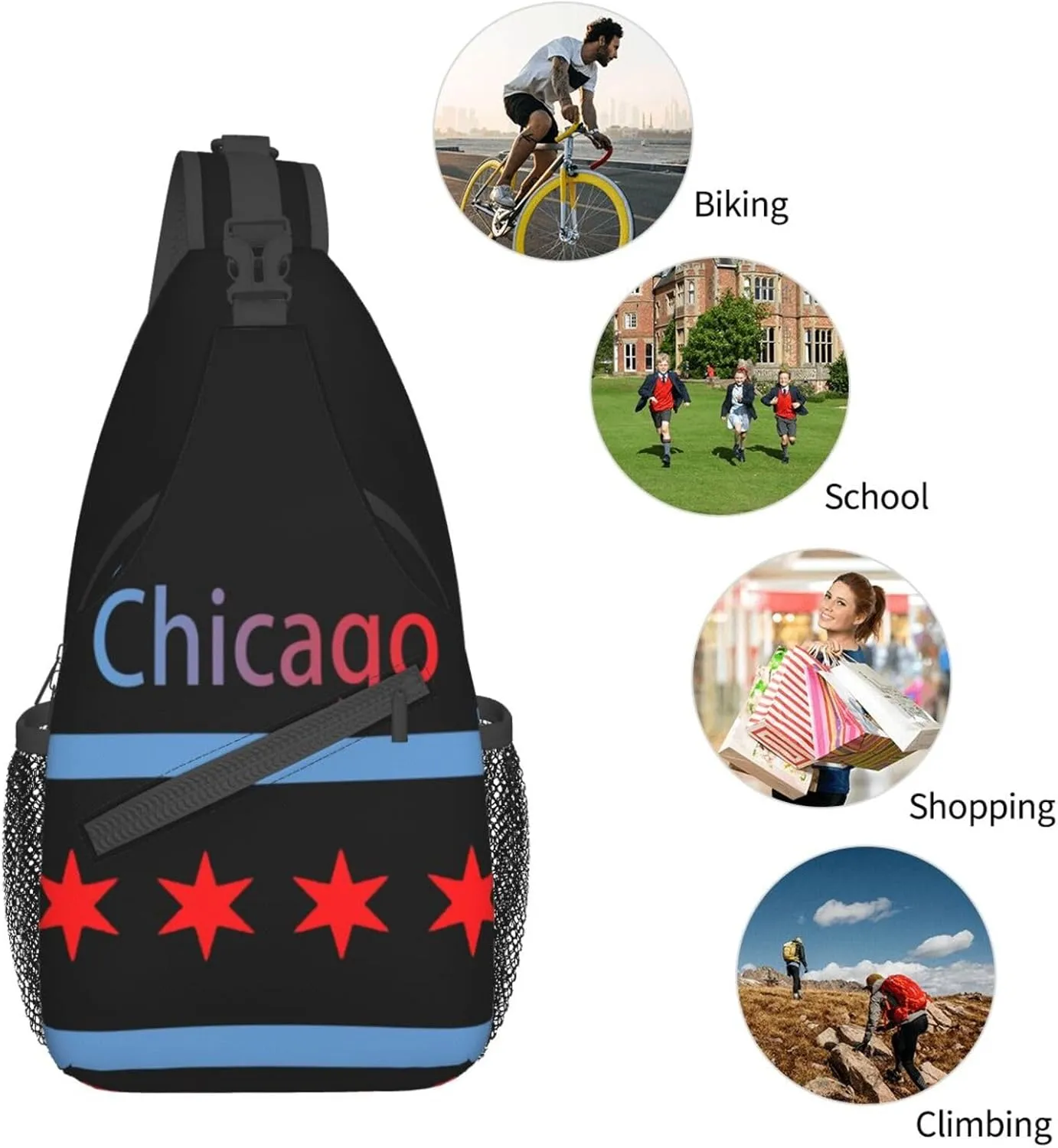 ASYG Chicago Sling Bag Chicago Flag Crossbody Chest Daypack Casual Backpack Chicago Shoulder Bag Flag Hiking Bag