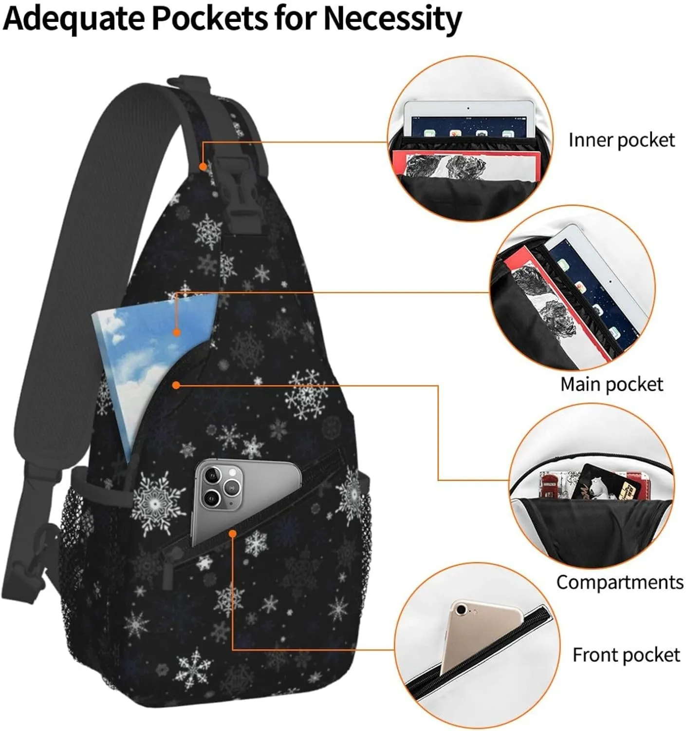 ASYG Christmas Sling Bag Merry Christmas Shoulder Bag Christmas Crossbody Chest Daypack Casual Backpack Snowflakes Bag