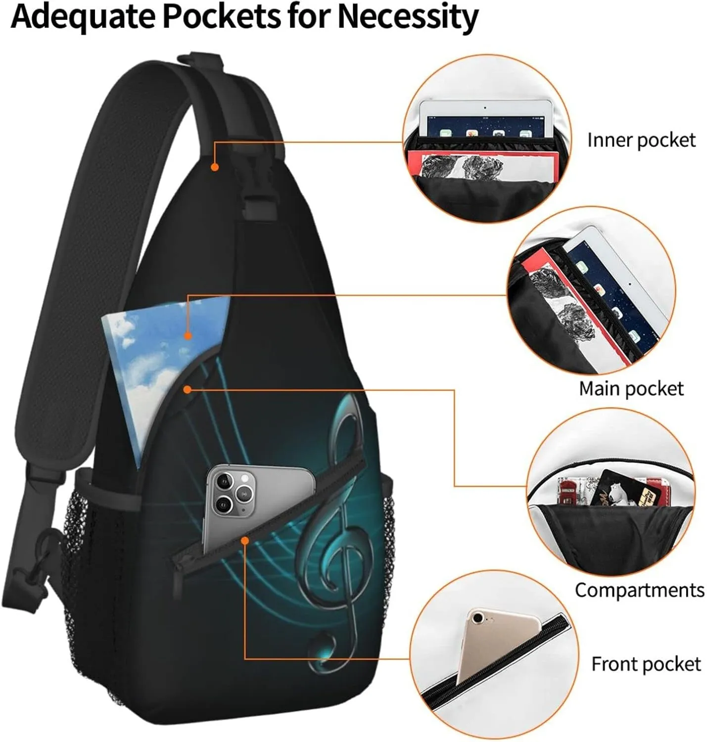 ASYG Music Sling Bag Crossbody Chest Daypack Casual Backpack Music Notes Shoulder Bag For Travel Hiking Sport Outdoor