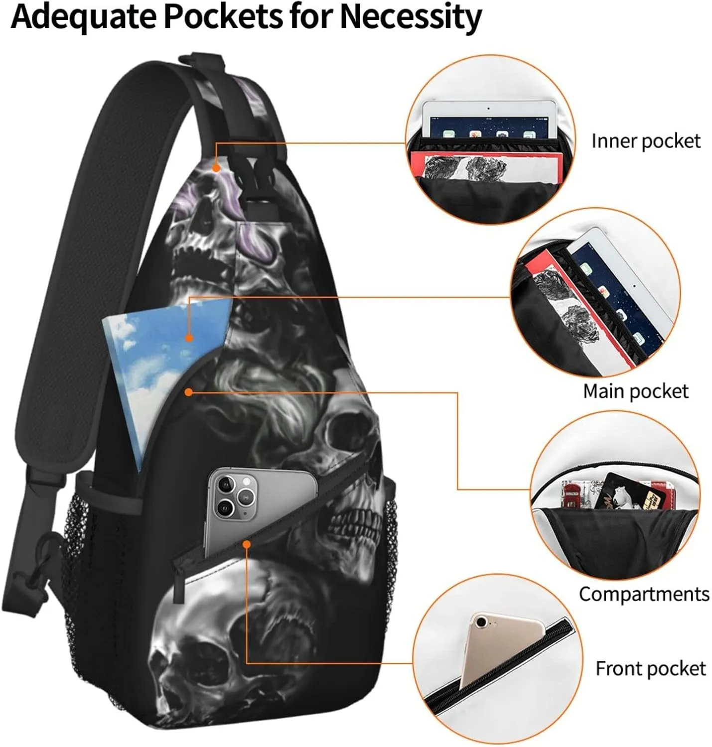 ASYG Skull Sling Bag Crossbody Chest Daypack Casual Backpack Goth Shoulder Bag For Travel Hiking Outdoor