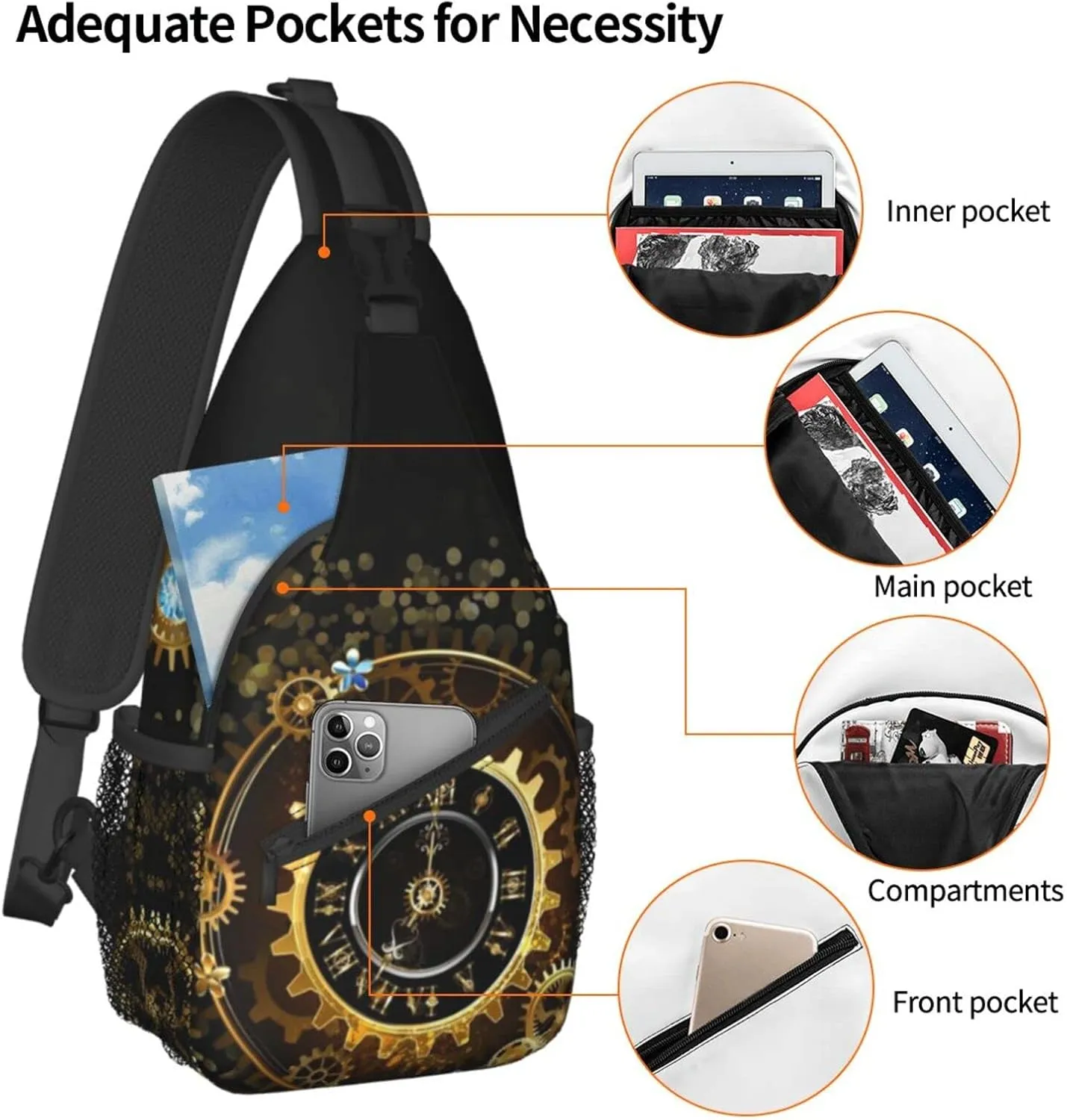 ASYG Steampunk Sling Bag Crossbody Chest Daypack Casual Backpack Vintage Clock Shoulder Bag For Travel Hiking