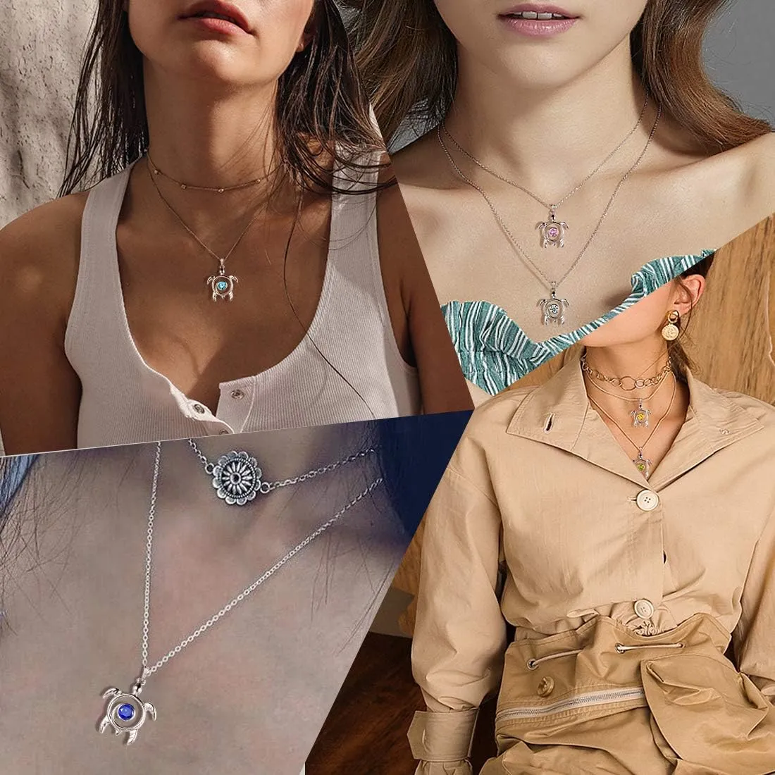 Aurora Tears Turtle Necklace/Earrings/Ring Set Celtic Spiral 925 Sterling Silver Sea Animal Viking Swirls Turtle Jewelry Sets Women Birthstone Ancient Symbol Crystal Cute Jewellery