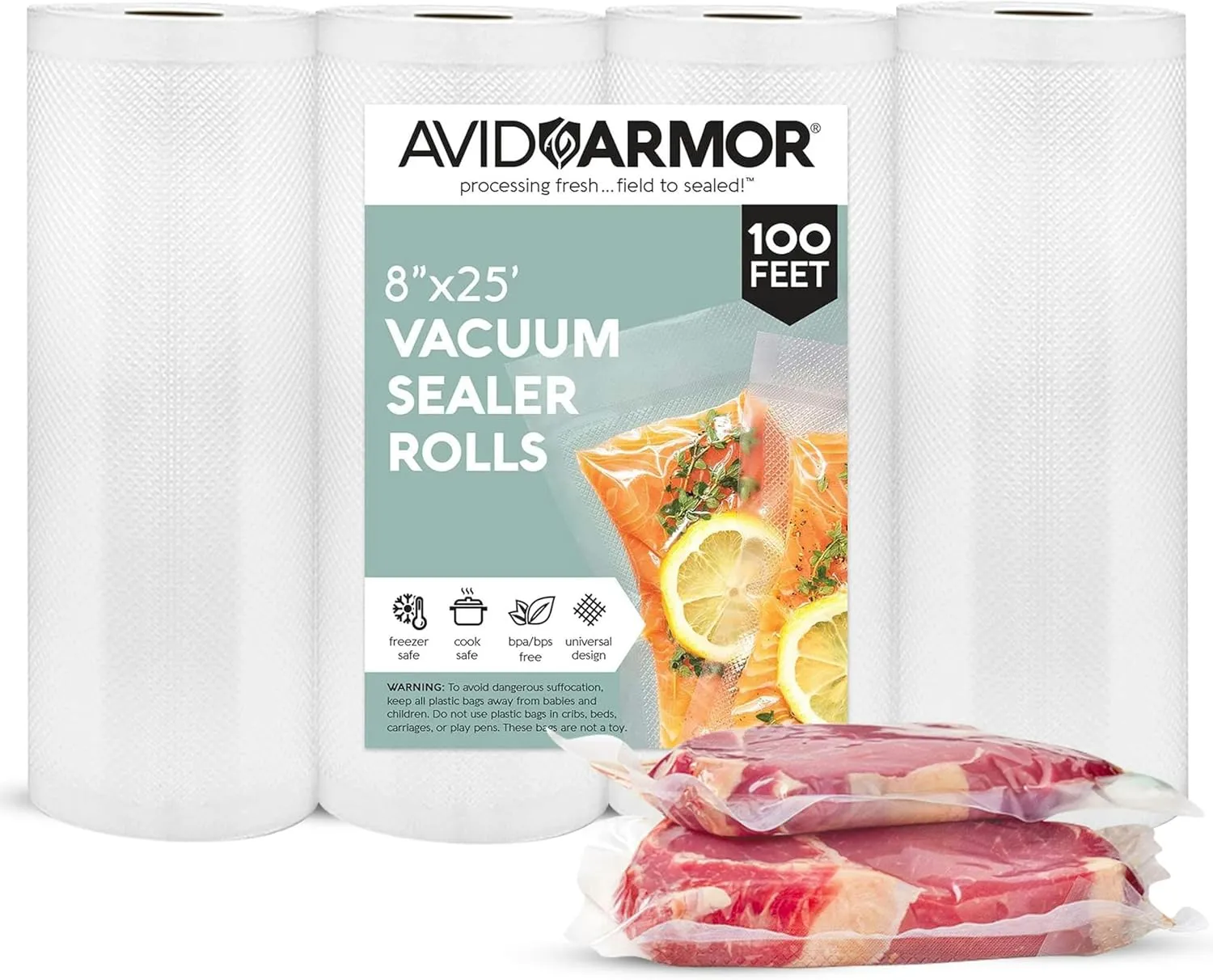 Avid Armor Vacuum Sealer Bags - 4 Pack, 8x25 Rolls | BPA-Free Vacuum Seal Bags for Food Storage, Meal Prep, Sous Vide | Heavy Duty Vacuum Sealer Bags, Fits Foodsaver & Seal a Meal