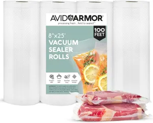 Avid Armor Vacuum Sealer Bags - 4 Pack, 8x25 Rolls | BPA-Free Vacuum Seal Bags for Food Storage, Meal Prep, Sous Vide | Heavy Duty Vacuum Sealer Bags, Fits Foodsaver & Seal a Meal