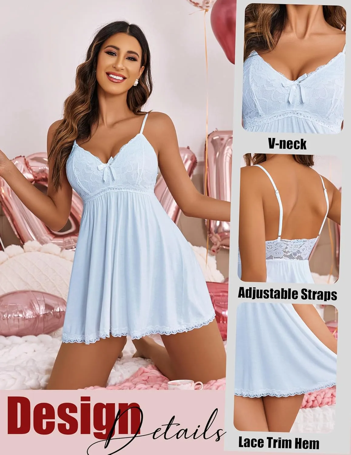 Avidlove Women Nightgown Sexy Sleepwear Lace Chemise V-neck Modal Babydoll Lounge Dress