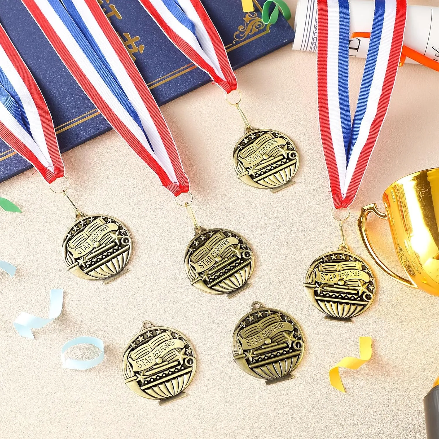 Award Medals Bulk 2'' Award Medals with Neck Ribbons Gold Bronze Winner Metal Trophy Prize Gift Prize for Competition Kids Adults Graduation Students