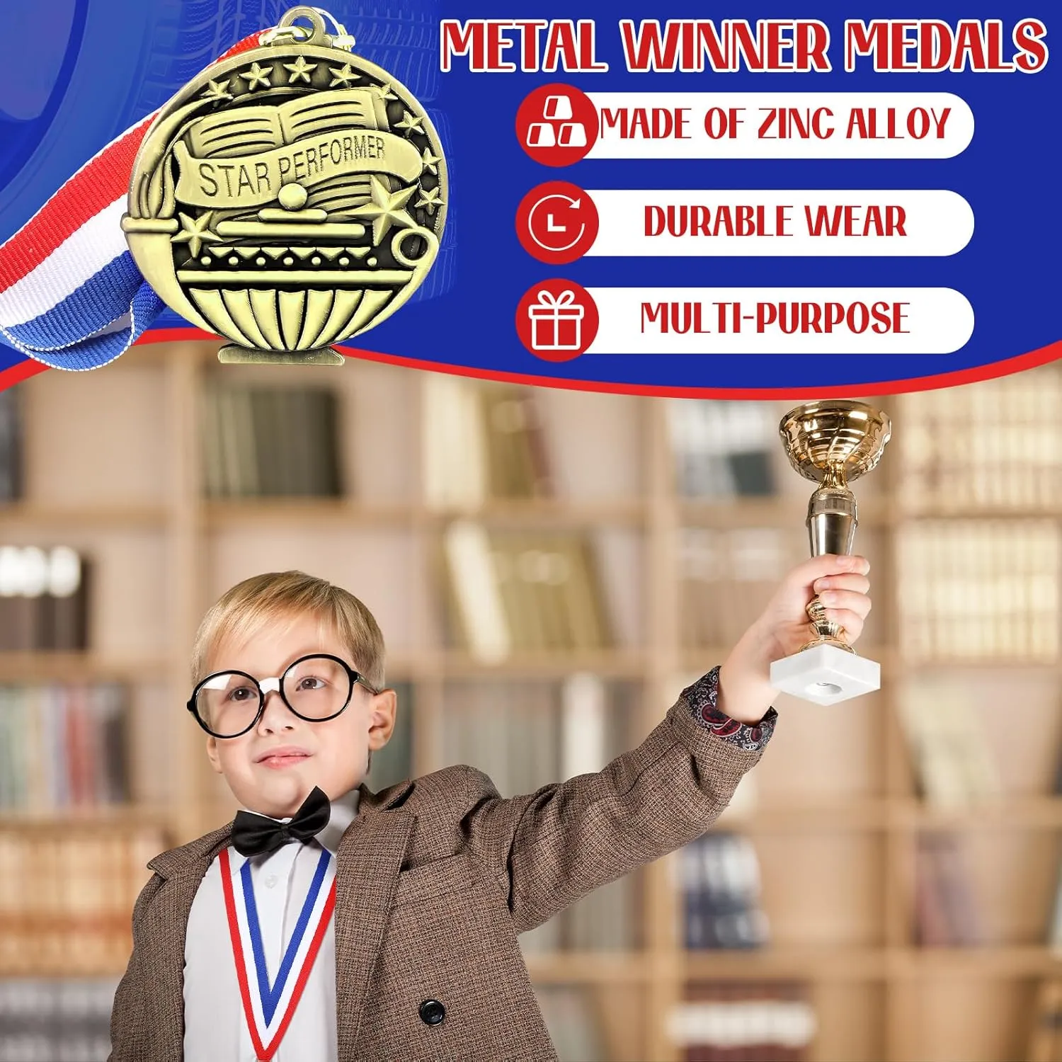 Award Medals Bulk 2'' Award Medals with Neck Ribbons Gold Bronze Winner Metal Trophy Prize Gift Prize for Competition Kids Adults Graduation Students
