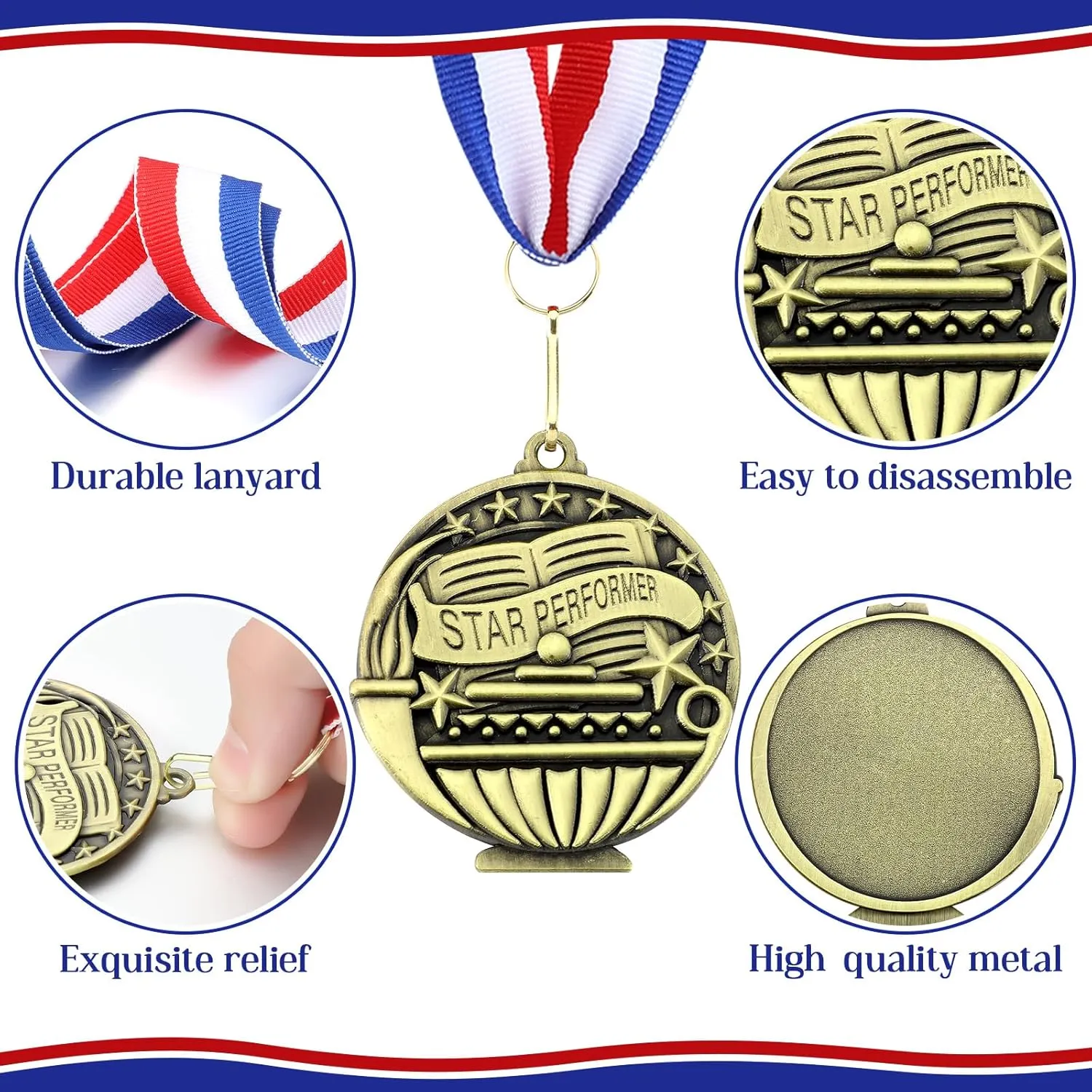 Award Medals Bulk 2'' Award Medals with Neck Ribbons Gold Bronze Winner Metal Trophy Prize Gift Prize for Competition Kids Adults Graduation Students
