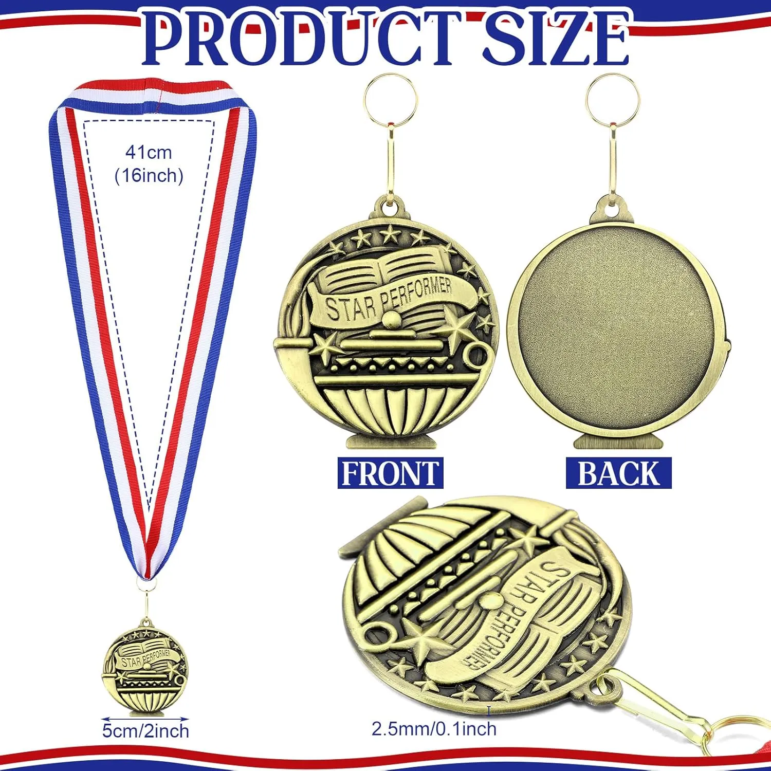 Award Medals Bulk 2'' Award Medals with Neck Ribbons Gold Bronze Winner Metal Trophy Prize Gift Prize for Competition Kids Adults Graduation Students