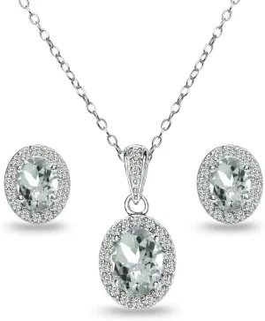 B. BRILLIANT Sterling Silver Genuine or Synthetic Gemstone Oval Halo Necklace & Earrings Jewelry Set for Women Bridesmaids