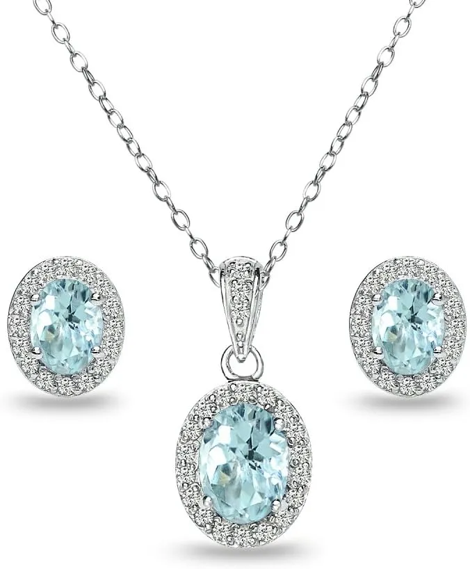 B. BRILLIANT Sterling Silver Genuine or Synthetic Gemstone Oval Halo Necklace & Earrings Jewelry Set for Women Bridesmaids