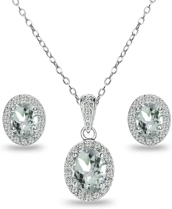 B. BRILLIANT Sterling Silver Genuine or Synthetic Gemstone Oval Halo Necklace & Earrings Jewelry Set for Women Bridesmaids