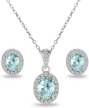 B. BRILLIANT Sterling Silver Genuine or Synthetic Gemstone Oval Halo Necklace & Earrings Jewelry Set for Women Bridesmaids