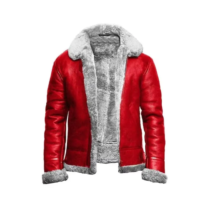 B3 Aviator Red Faux Fur Bomber Leather Jacket – A Festive Christmas Delight (XXS)