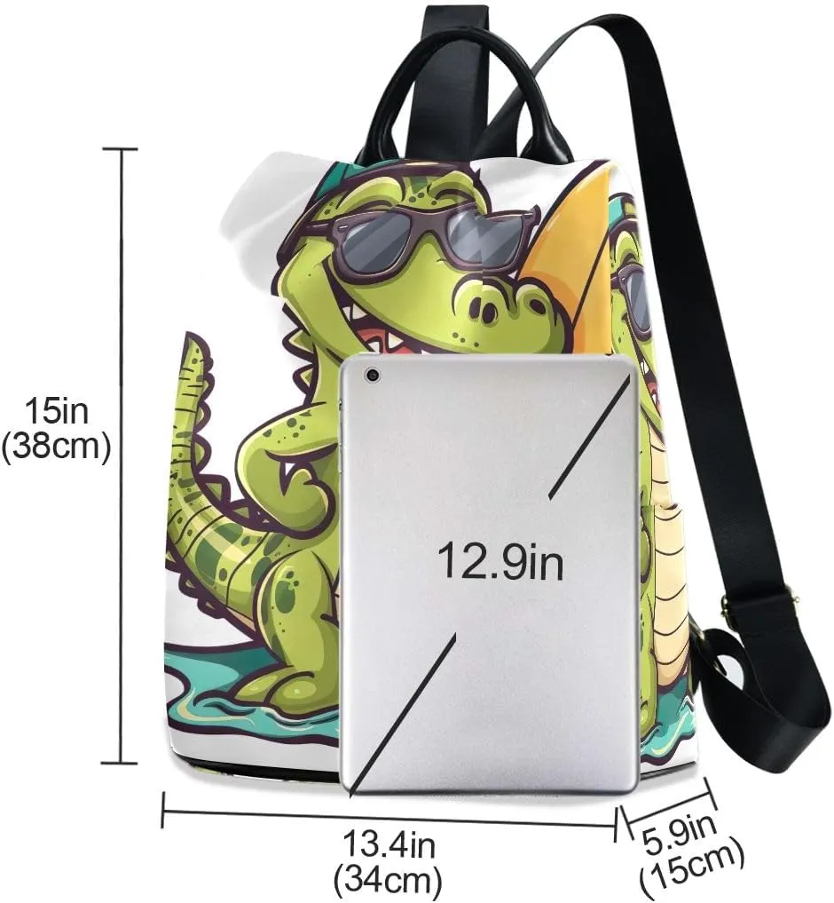 Backpack Purse for Women Cartoon Crocodile with Surfboard Anti Theft Travel Bag Fashion Pompom Backpack for Hiking