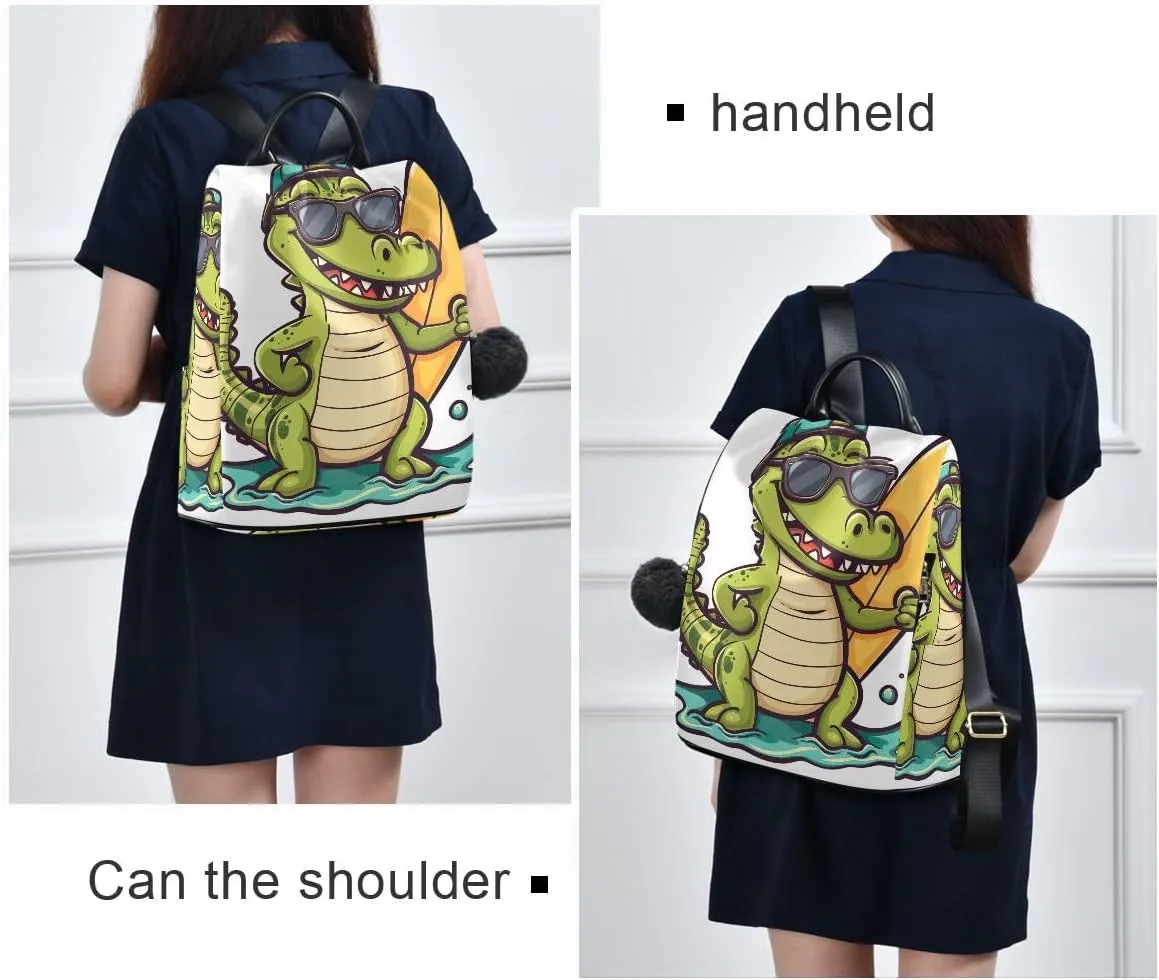 Backpack Purse for Women Cartoon Crocodile with Surfboard Anti Theft Travel Bag Fashion Pompom Backpack for Hiking
