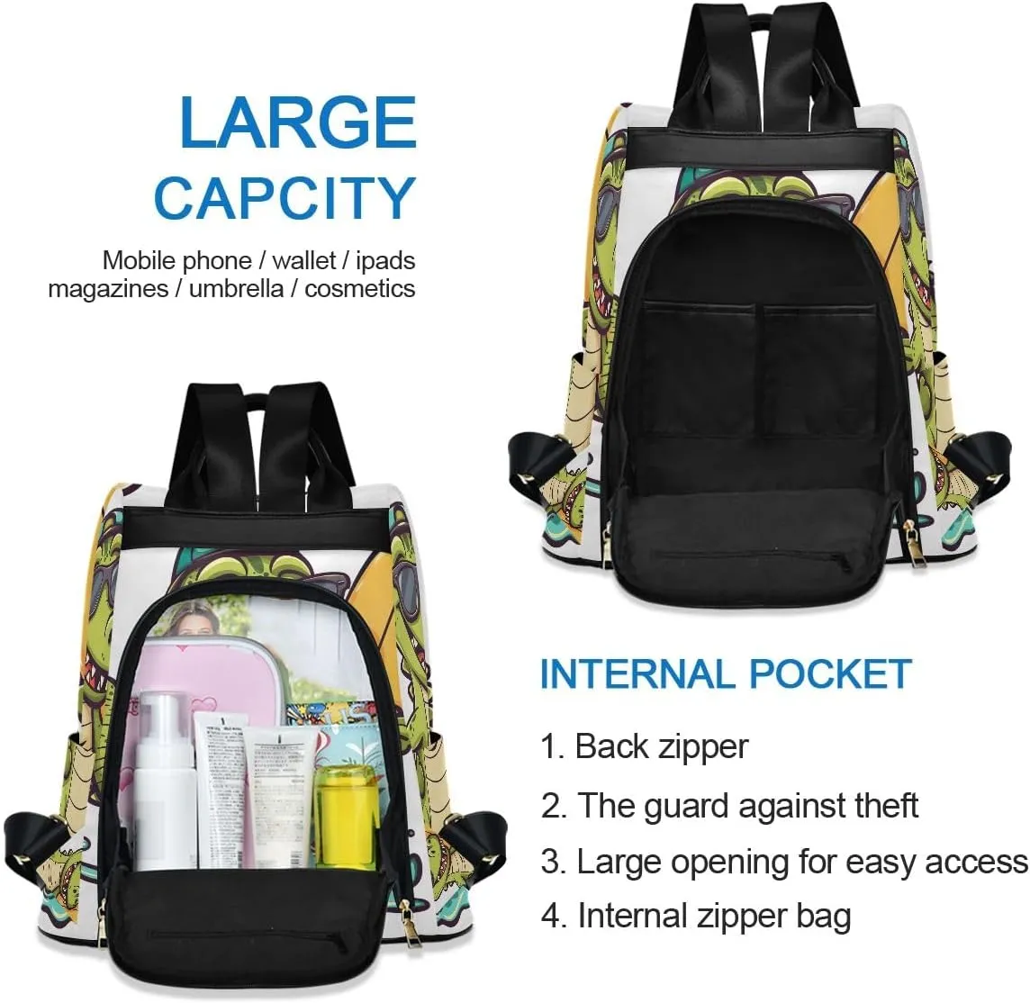 Backpack Purse for Women Cartoon Crocodile with Surfboard Anti Theft Travel Bag Fashion Pompom Backpack for Hiking