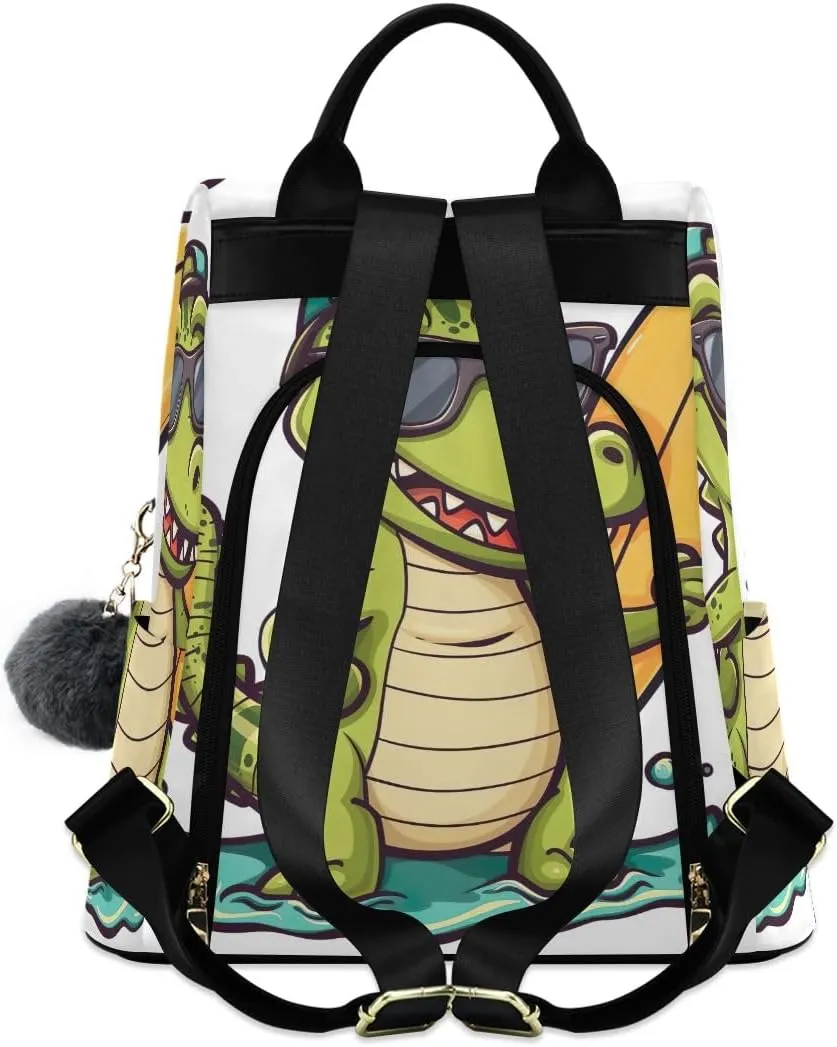 Backpack Purse for Women Cartoon Crocodile with Surfboard Anti Theft Travel Bag Fashion Pompom Backpack for Hiking
