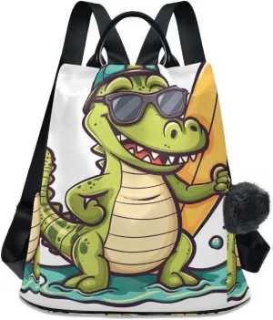 Backpack Purse for Women Cartoon Crocodile with Surfboard Anti Theft Travel Bag Fashion Pompom Backpack for Hiking