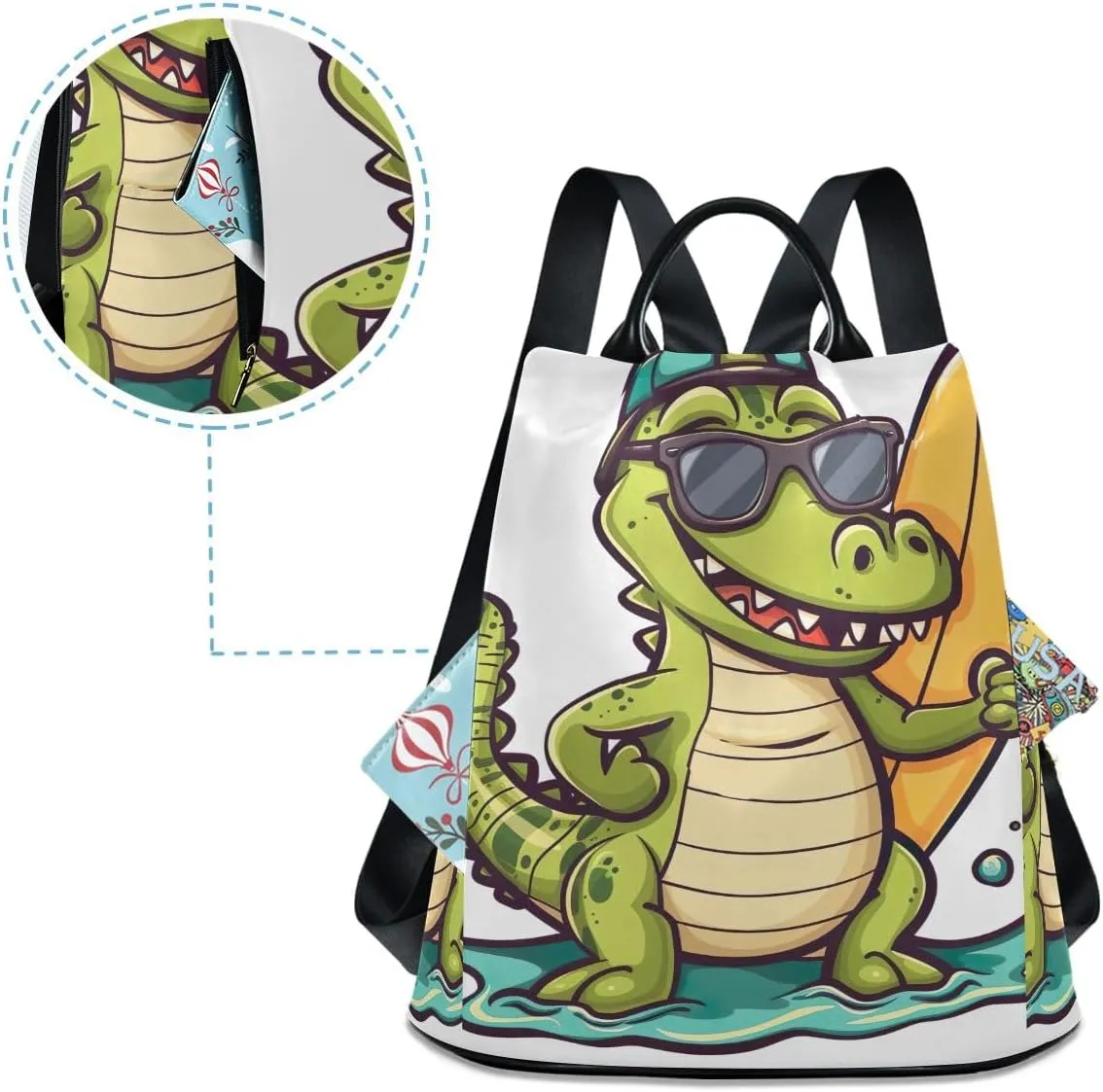 Backpack Purse for Women Cartoon Crocodile with Surfboard Anti Theft Travel Bag Fashion Pompom Backpack for Hiking