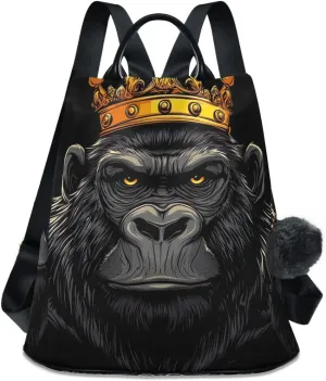 Backpack Purse for Women Cartoon Gorilla with Crown Anti Theft Travel Bag Fashion Pompom Backpack for Hiking