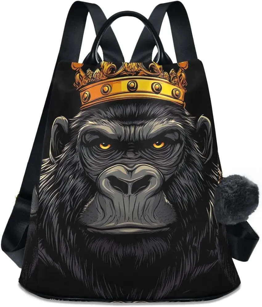 Backpack Purse for Women Cartoon Gorilla with Crown Anti Theft Travel Bag Fashion Pompom Backpack for Hiking