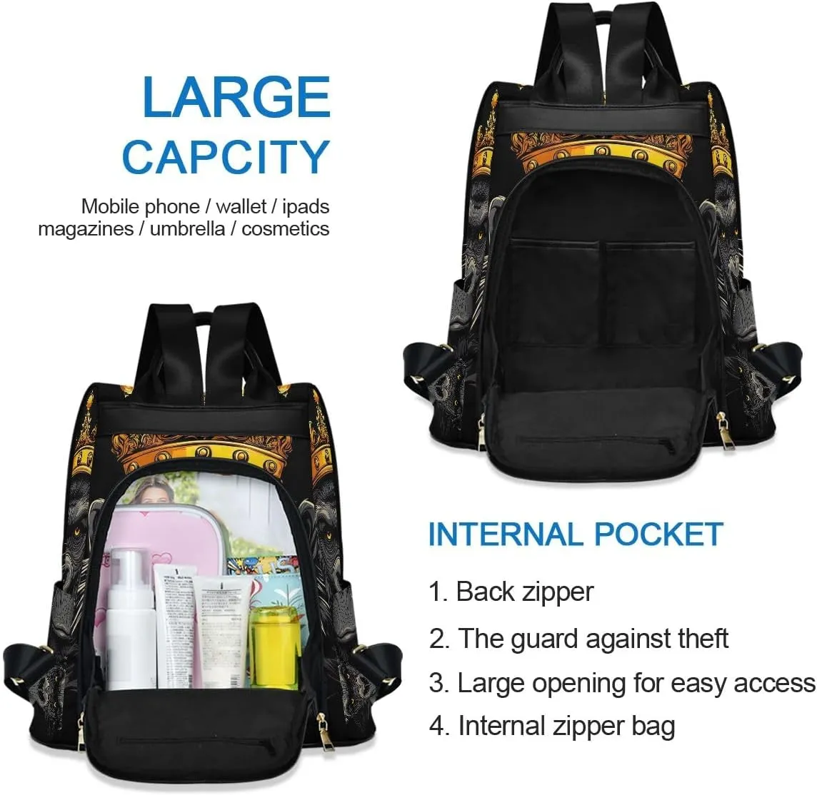 Backpack Purse for Women Cartoon Gorilla with Crown Anti Theft Travel Bag Fashion Pompom Backpack for Hiking