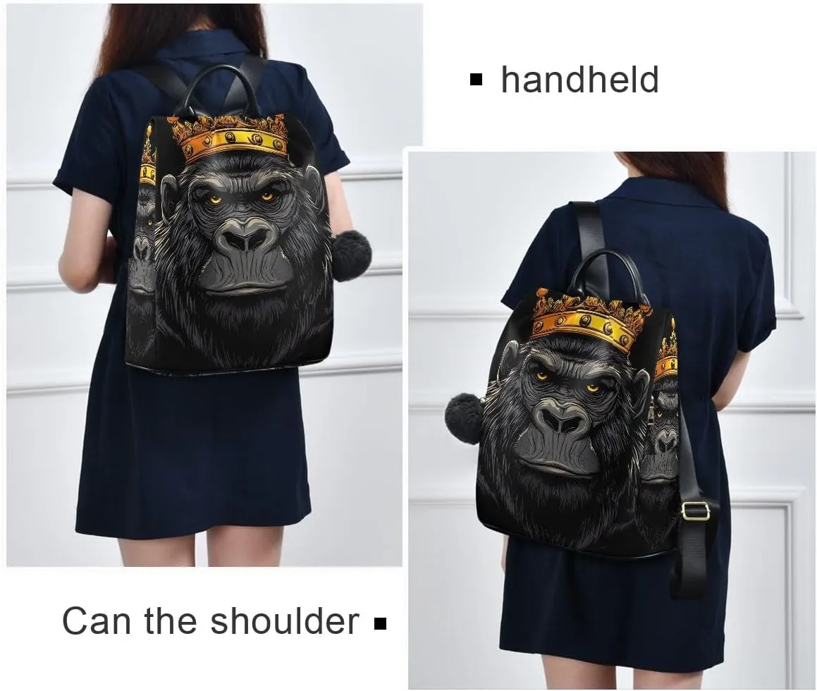 Backpack Purse for Women Cartoon Gorilla with Crown Anti Theft Travel Bag Fashion Pompom Backpack for Hiking