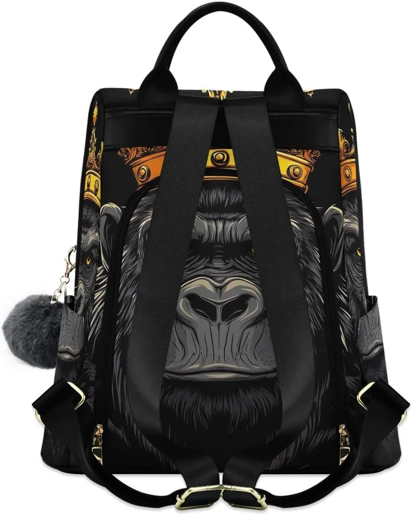 Backpack Purse for Women Cartoon Gorilla with Crown Anti Theft Travel Bag Fashion Pompom Backpack for Hiking