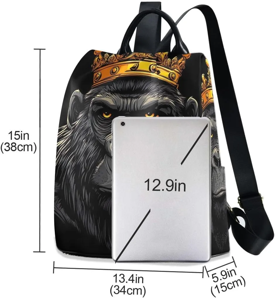 Backpack Purse for Women Cartoon Gorilla with Crown Anti Theft Travel Bag Fashion Pompom Backpack for Hiking