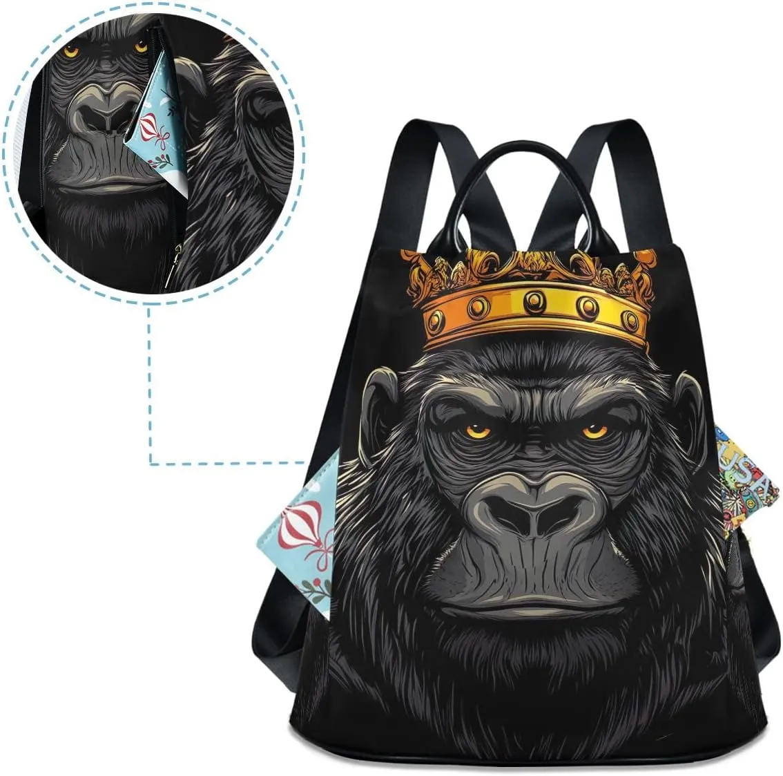 Backpack Purse for Women Cartoon Gorilla with Crown Anti Theft Travel Bag Fashion Pompom Backpack for Hiking