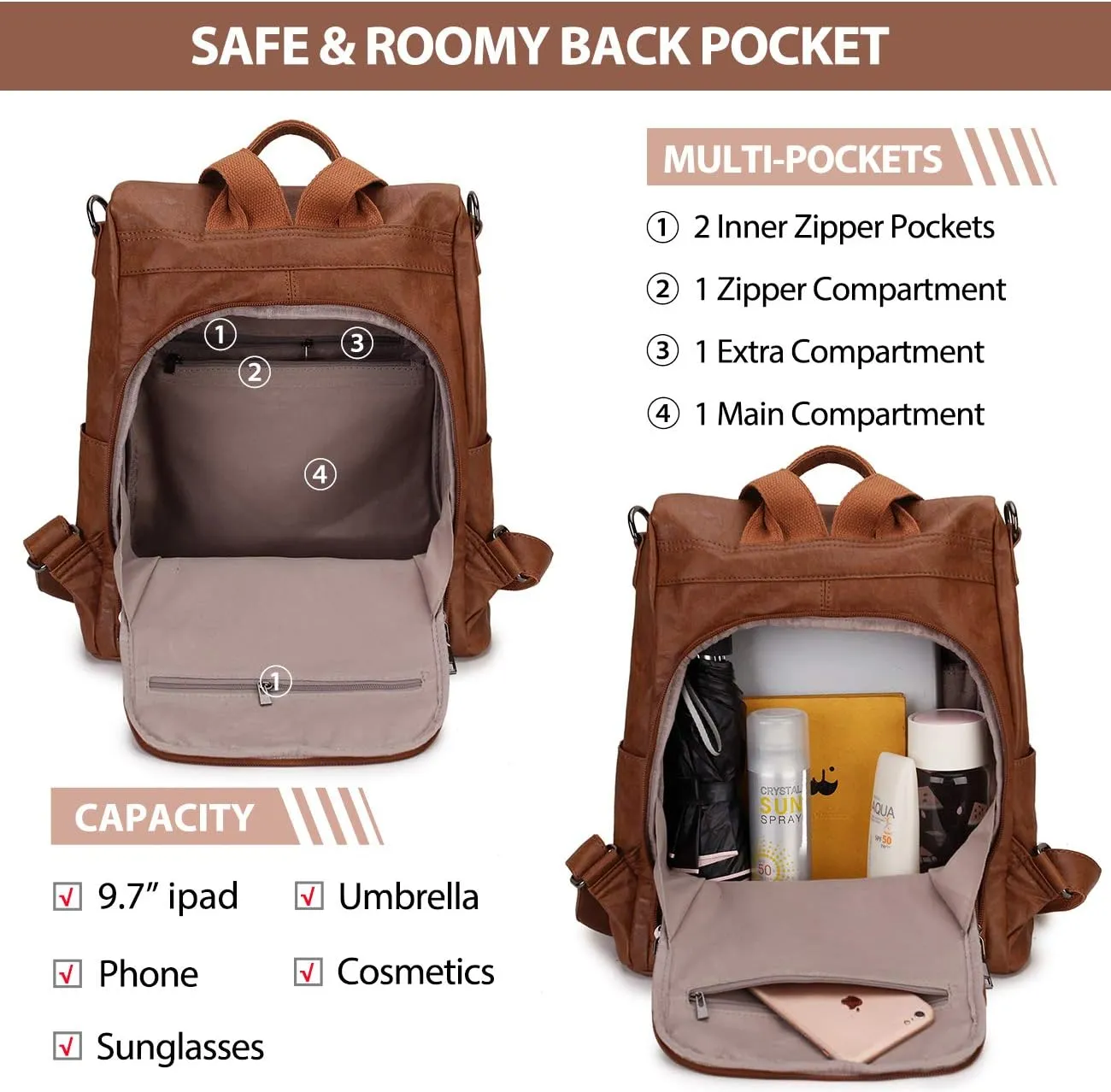 Backpack Purse for Women,Fashion Anti-Theft PU Leather Travel Shoulder Bag for Ladies Large Satchel VONXURY